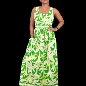 Vintage Ruth Clarage Dress Green Cotton Floral Hand Print Maxi Pockets 60s Small
